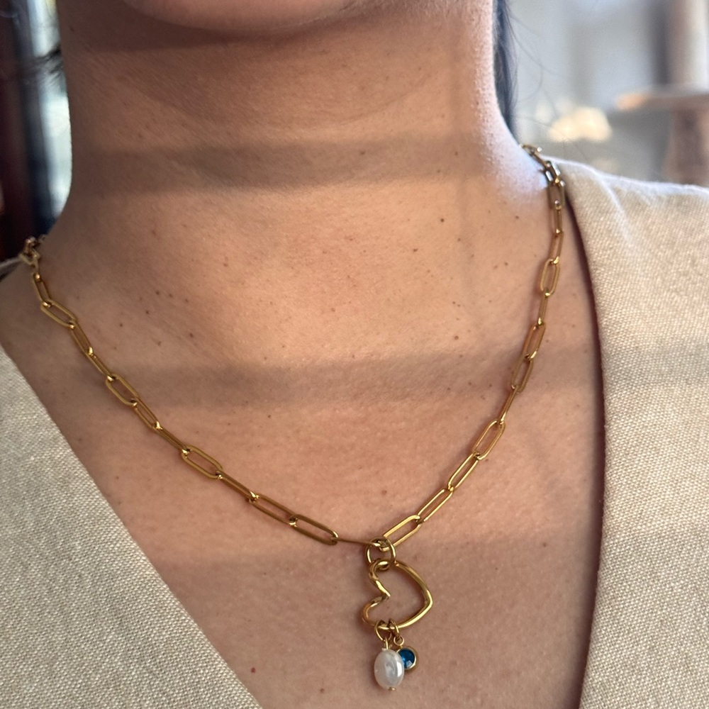 Gold Heart Pendant Necklace with Pearl and Blue Charm - Picture 2 of 4